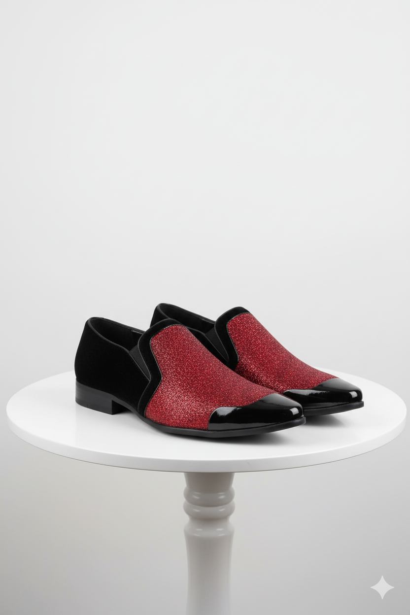 Red Glitter Tuxedo Loafers with Patent Toe