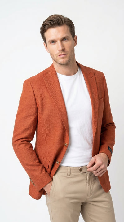 Mens Terri Papaya Sport Coat Blazer Weave Texture Pattern , Orange Coral Dress Jacket Rust Copper Bricke Color