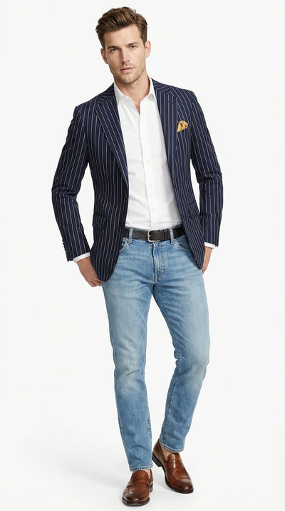 Mens Navy Blue Pinstripe Blazer – Classic Tailored Formal Jacket for Business, Office and Smart Casual Wear