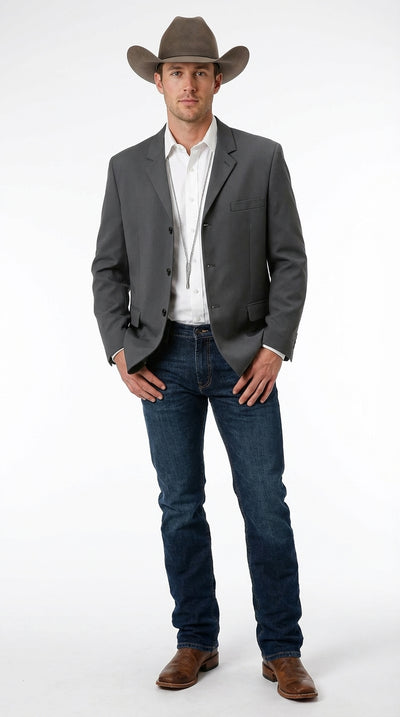 Mens Charcoal Grey Three Buttons Western Blazer – Classic Fit Cowboy Style Three Button Formal Dress Jacket