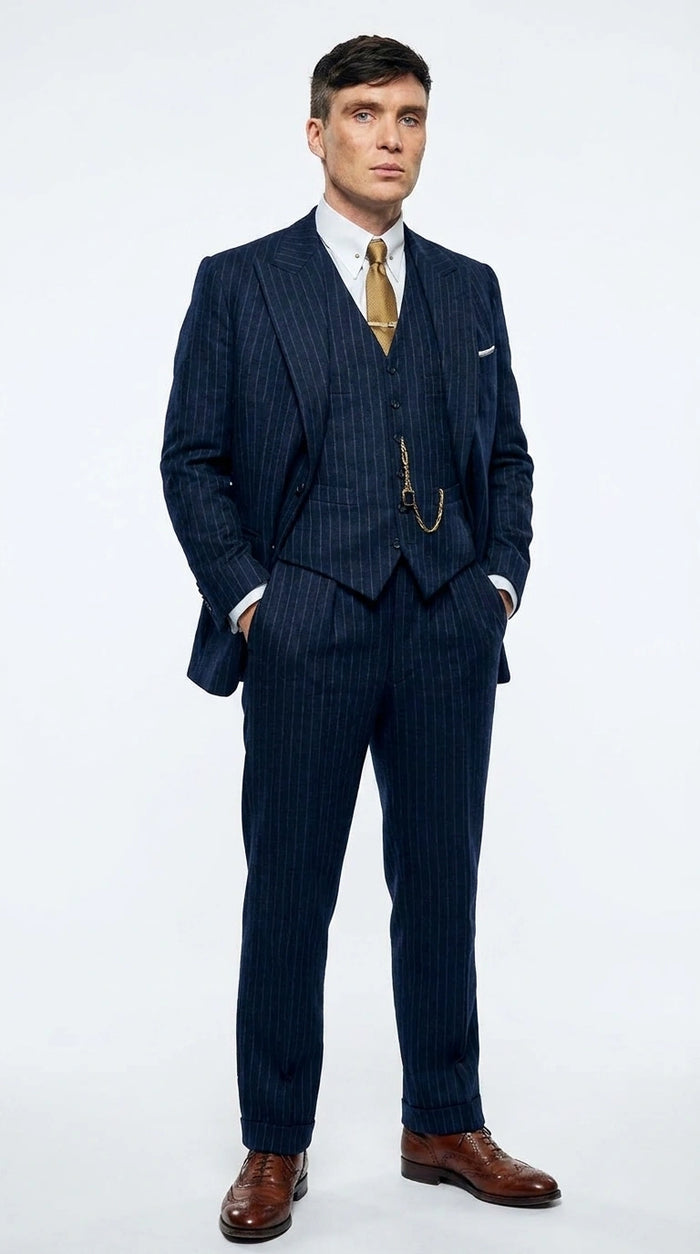 Men’s Navy Blue Pinstripe 3 Piece Suit, Thomas Shelby Inspired Vintage Formal Suit for Weddings, Parties, Prom, and Special Events