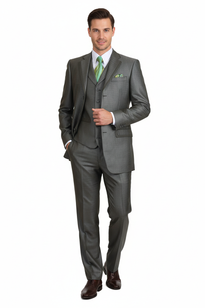 Olive Green Three-Piece Suit Classic Fit, Vest & Tie