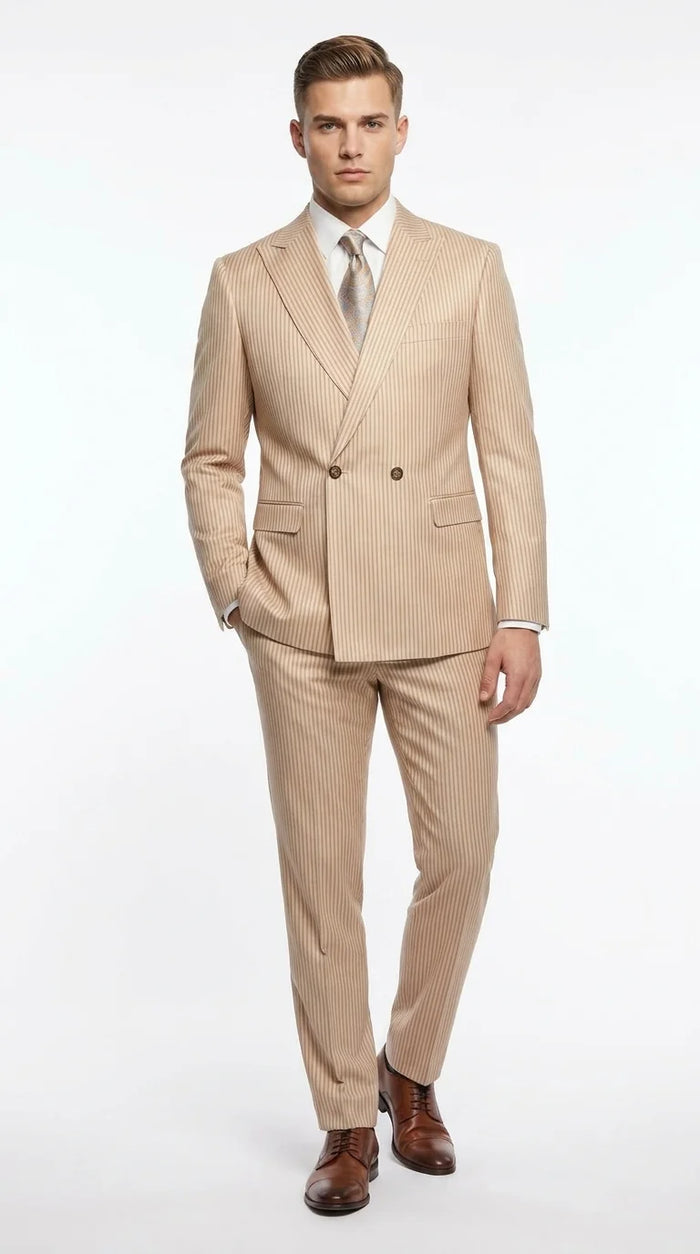 Vitali Men’s Tone on Tone Beige Pinstripe 2 Piece Suit, Double Breasted Summer Dress Suit for Weddings, Tan Beige Shadow Pinstripe