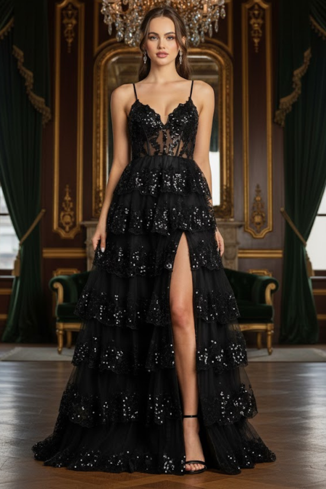 Adora Design 3218 Sequin Ruffle A-Line Slit Formal Prom Gown
