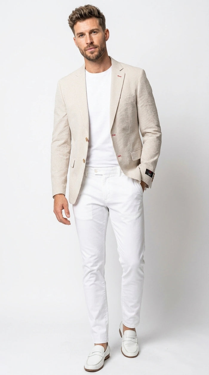 Men’s Beige Seersucker Summer Blazer, Lightweight Striped Sport Coat for Weddings, Parties, Beach Events in Tan Color