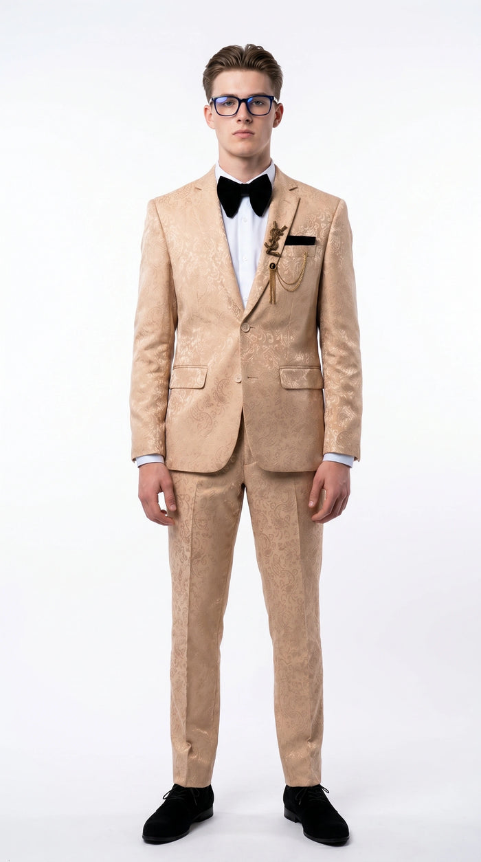 Men’s Champagne Gold Paisley Prom Tuxedo, Formal Dinner Suit for Prom, Weddings, Parties in Tan Color