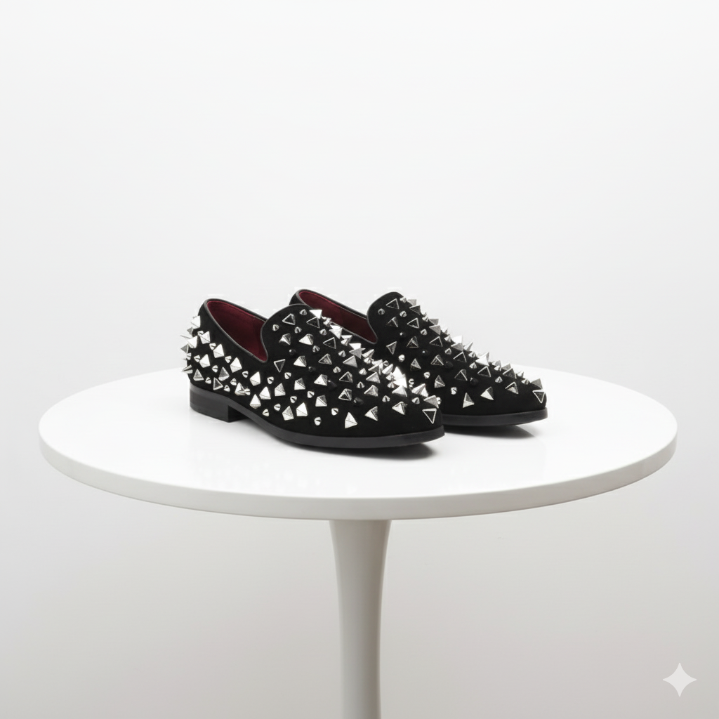 Black Studded Loafers with Silver Spikes
