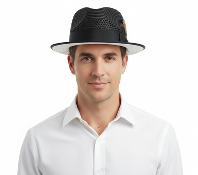 Men’s Two-Tone Black and White Fedora Hat with Feather Accent – Stylish Summer Dress Hat