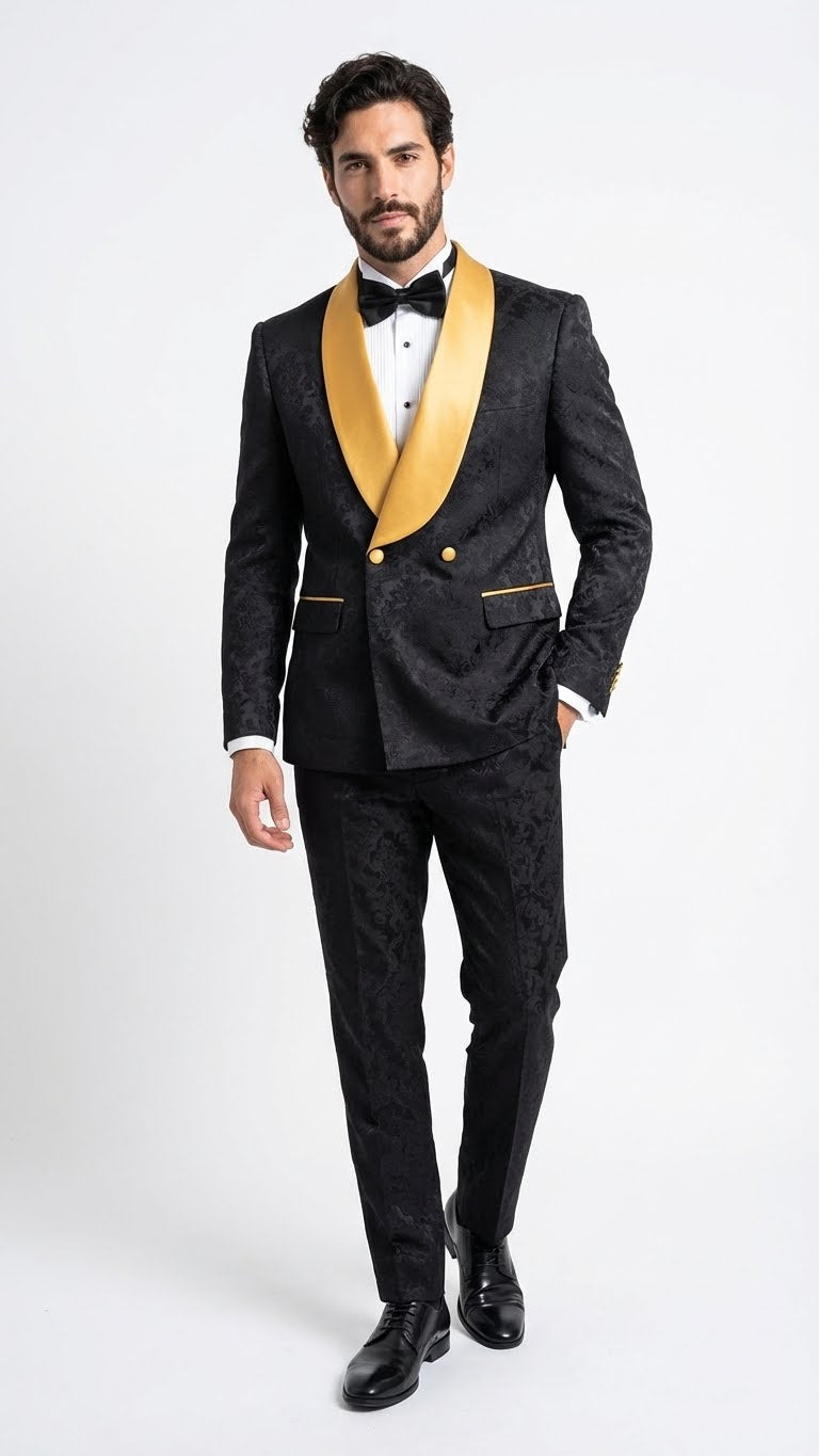 Men's Black and Gold Jacquard Tuxedo Suit – Luxury Slim Fit Formal Wed