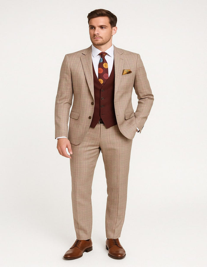 Light Brown Plaid Suit with Burgundy Vest & Floral Tie