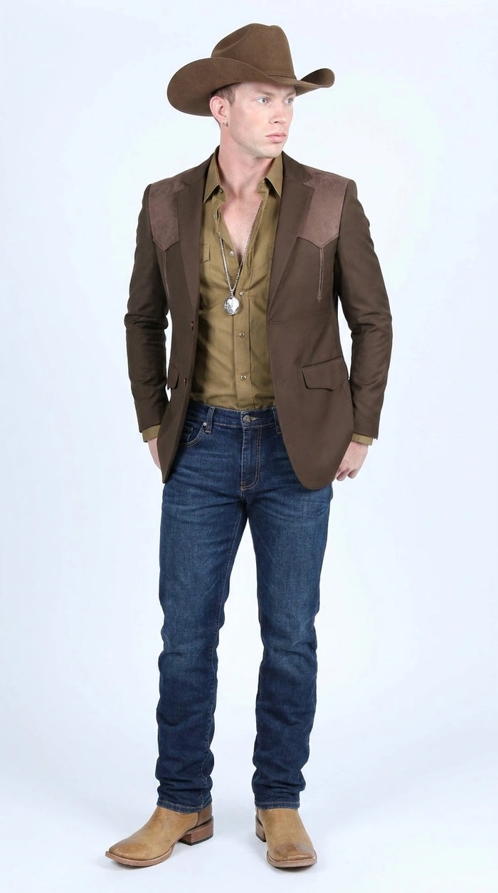 Men’s Dark Brown Western Blazer with Suede Yokes, Cowboy Sport Coat for Ranch Wedding and Country Events