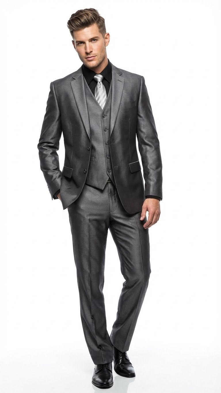 Mens Charcoal Gray Suit With Sheen -  | Shiny Texture Fabric Three Piece Wedding and Party Business