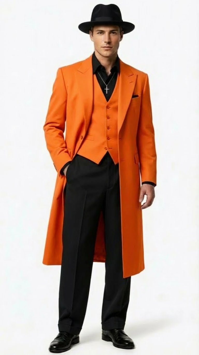 Men’s halloween Costume Orange Long Zoot Suit Set With Black Shirt and Black Pants included