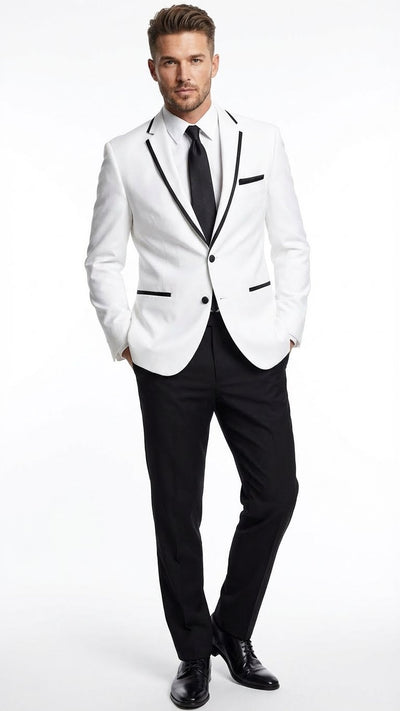 Men’s White Blazer with Black Trim | Wedding and Party Formal Blazer Jacket - White Tuxedo Prom Jacket