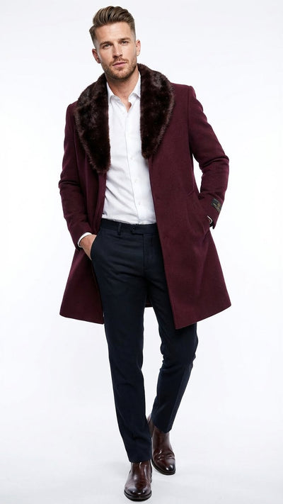 Men’s Burgundy Three Quarter Coat with Faux Fur Collar Overcoat – Luxury Winter Outerwear Three Quarter Carcoat Topcoat