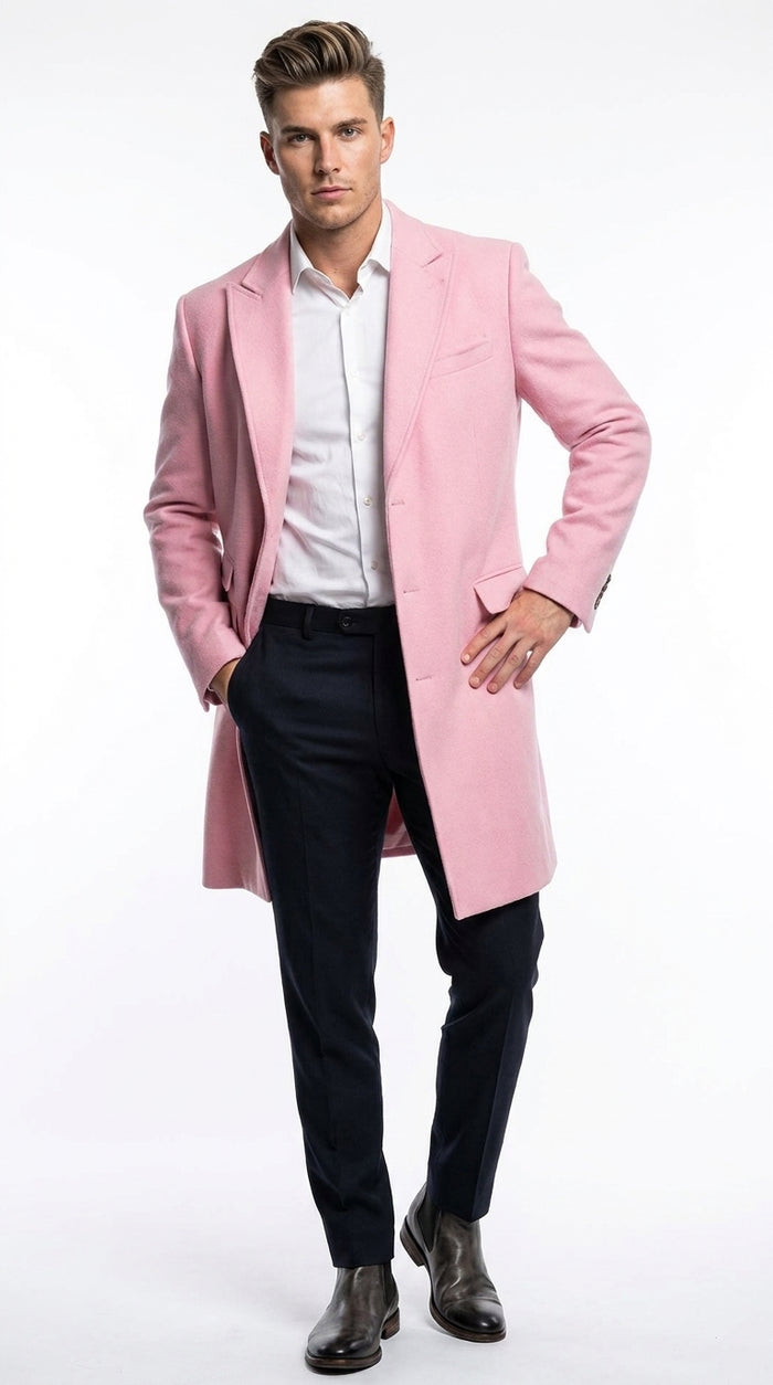 Men’s Light Pink Fashion Overcoat with Notch Lapel, Dress Car Coat for Formal and Casual Wear
