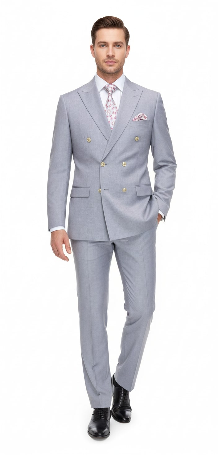 Silver Double-Breasted 3-Piece Suit - Tailored Fit