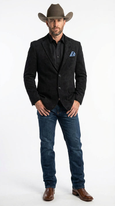 Men’s Black Suede Cowboy Blazer with Elbow Patch Sleeves – Black Western Style Suede Sport Coat for Casual and Smart Casual Wear