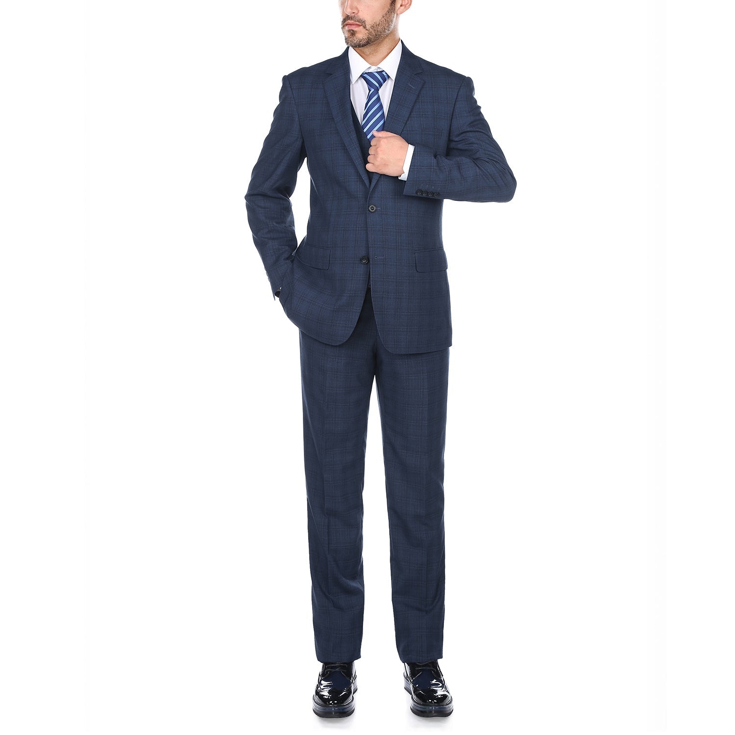 San Gemini 3 Piece Blue Glen Plaid Regular Fit Suit