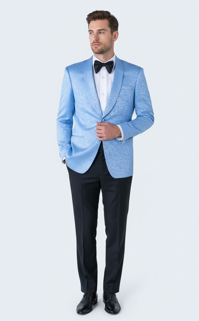 Light Blue Paisley Satin Shawl Tuxedo Jacket