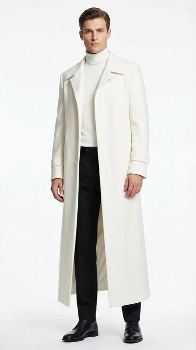 Mens Off-White Long Trench Coat – Overcoat with Classic Clean Design Duster Maxi Coat in Ivory Color