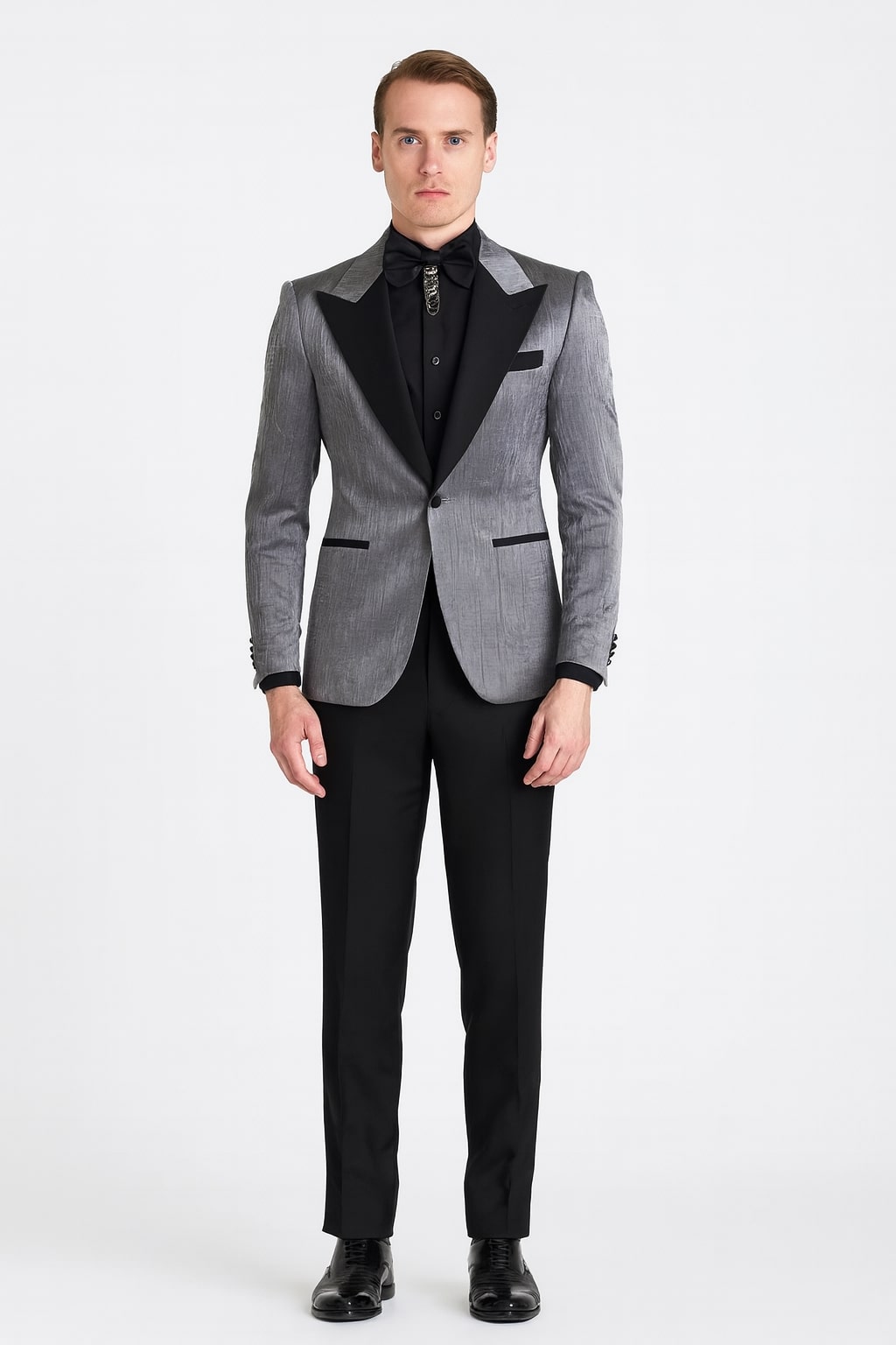 Silver Metallic Tuxedo Suit with Black Satin Peak Lapel – Mens Slim Fi