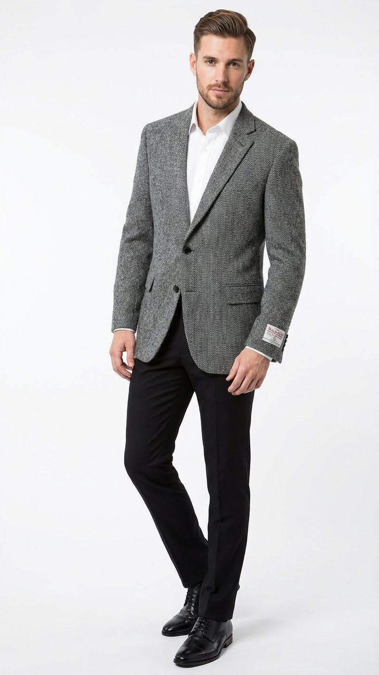 Men’s Grey Harris Tweed Blazer Jacket, Classic Herringbone Wool Sport Coat for Business Casual