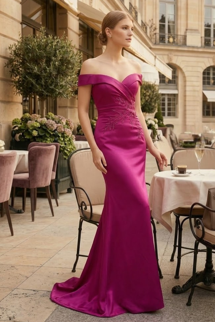 Nox Anabel MT108 Stunning Off-Shoulder Satin Fitted Gown