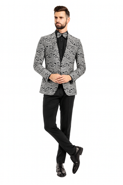 Men’s Black and Silver Paisley Tuxedo Jacket wiith Matching Bow Tie and Black Pants