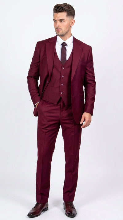 Men’s Stacy Adams Brand Burgundy 3 Piece Suit – Two Button Vested Style church wedding Modern Fit Suit