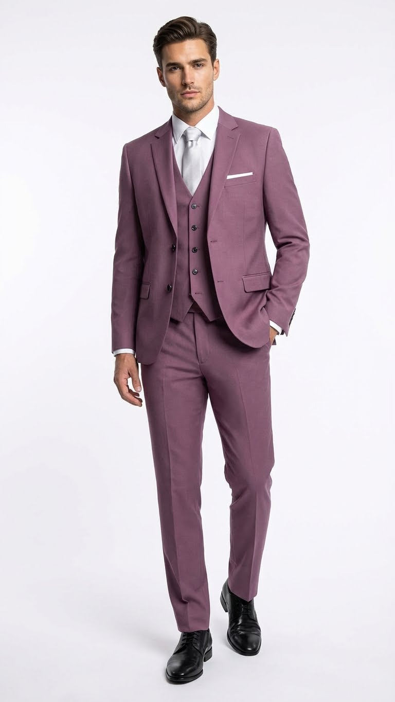 Men’s Mauve Three-Piece Suit – Slim Fit Formal Blazer, Vest, and Trousers for Weddings Rose Gold Pinkish Color