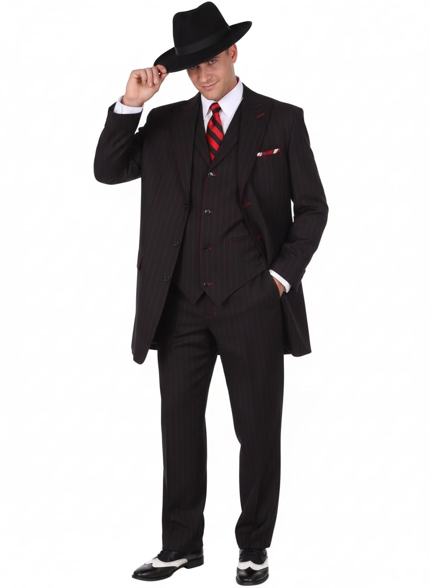 Men's 1920s Black Red Pinstripe Zoot Suit 3-Piece