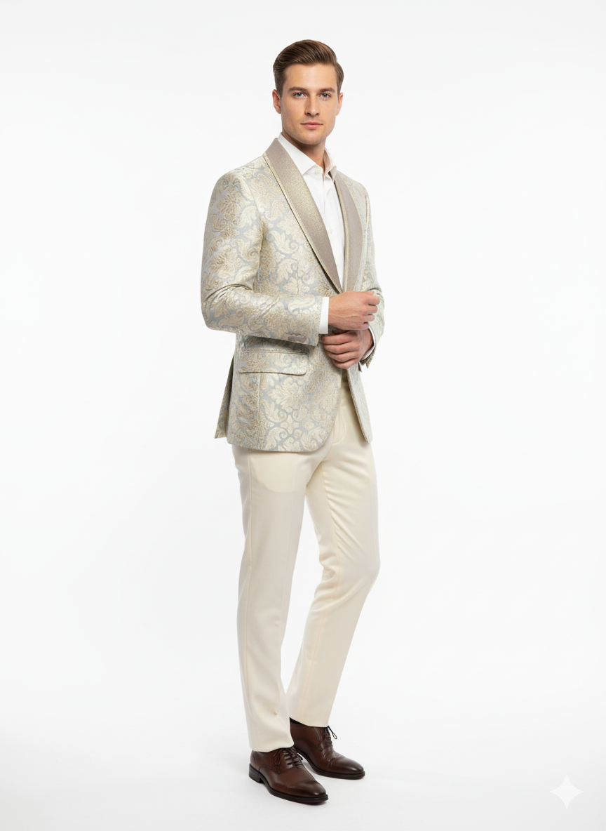 Champaign Silver & Cream Embroidered Luxury Blazer