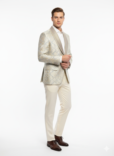 Champaign Silver & Cream Embroidered Luxury Blazer