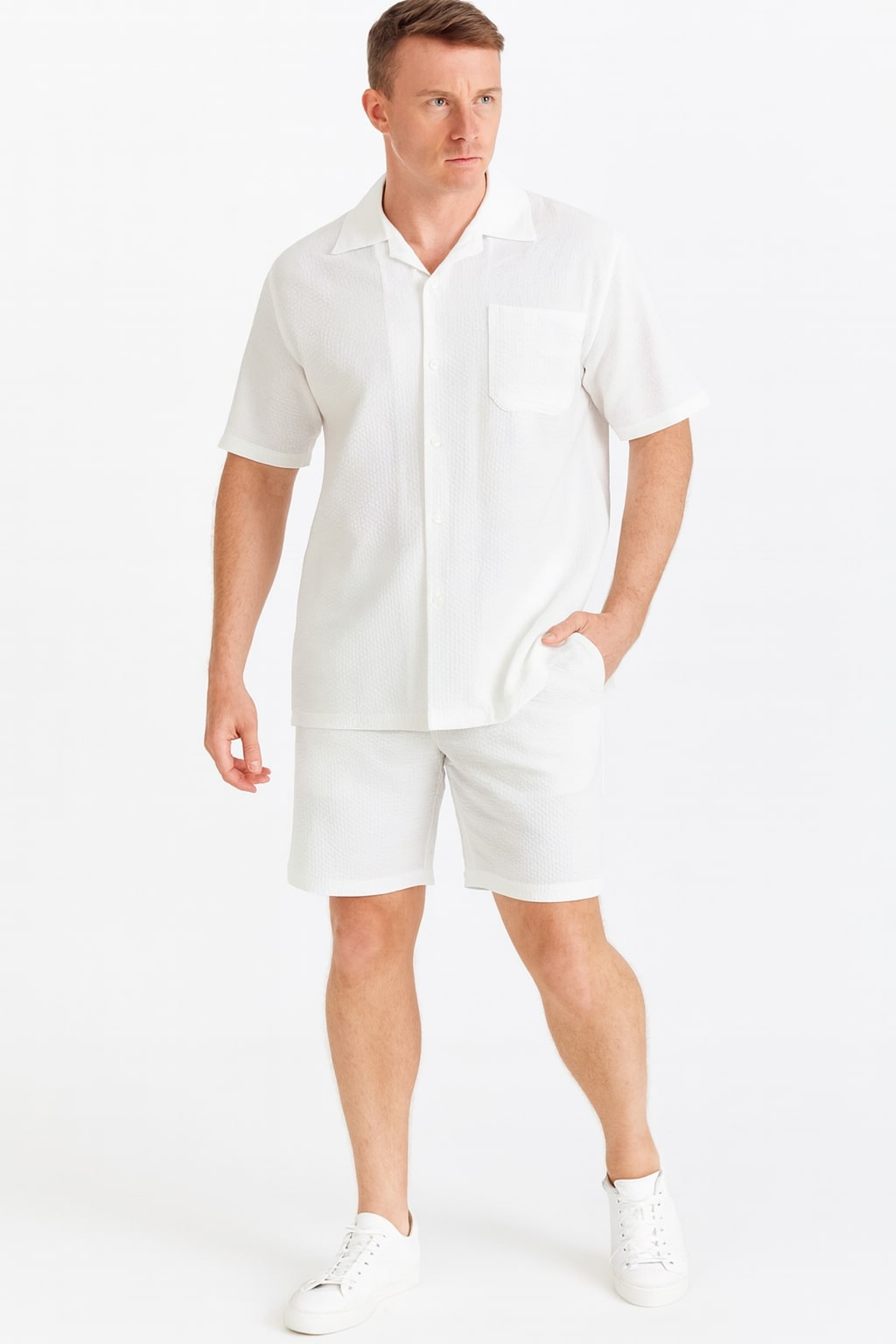 Men's White Seersucker Short Set Outfit