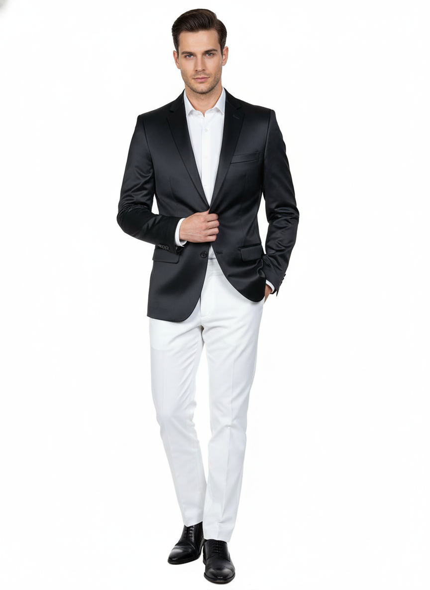 Men’s Black Satin Slim Fit Two-Button Blazer