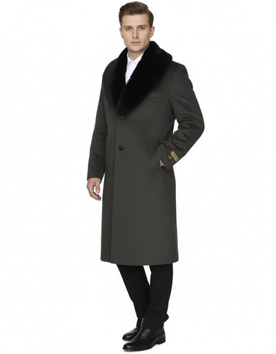 Men’s Olive Overcoat with Black Fur Collar