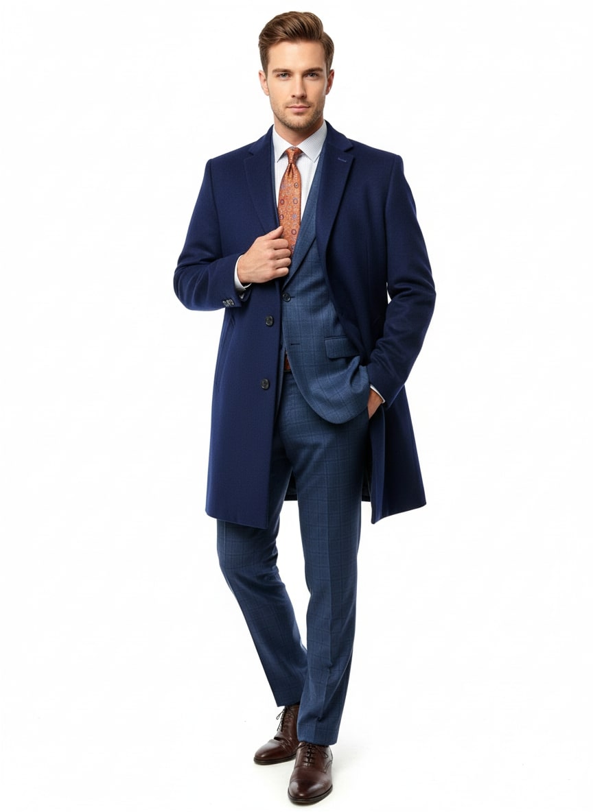Mens Cobalt Blue Wool and Cashmere Car Coat Overcoat – Classic Winter Topcoat for Indigo Saphire Color (light Navy Dark Royal)