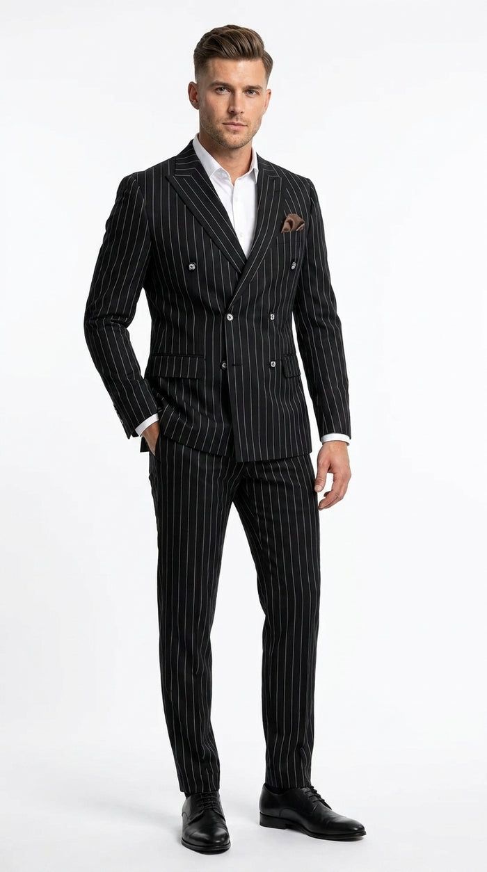 Men's Black Pinstripe Tuxedo Suit – Classic  and 1920s Gangster Formal Wear Vintage 1940s 1930s Look