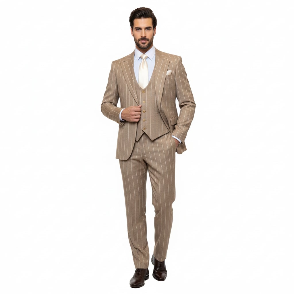 Men's Beige Pinstripe Three-Piece Vested Suit – Tailored Fit  Business Attire in Tan Stripe by Rossiman