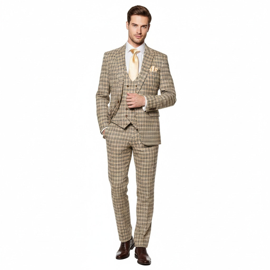 Men’s Beige and Navy Check 3-Piece Suit Set – Premium Tailored Fit Formal Wedding and Business Suit By Rossiman