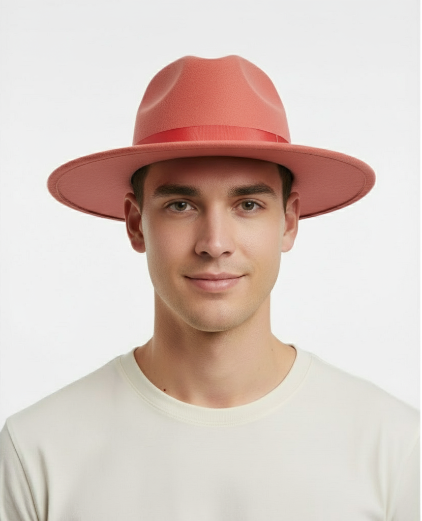 Coral Pink Wool Felt Fedora with Red Ribbon