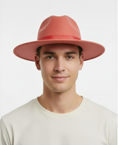 Coral Pink Wool Felt Fedora with Red Ribbon