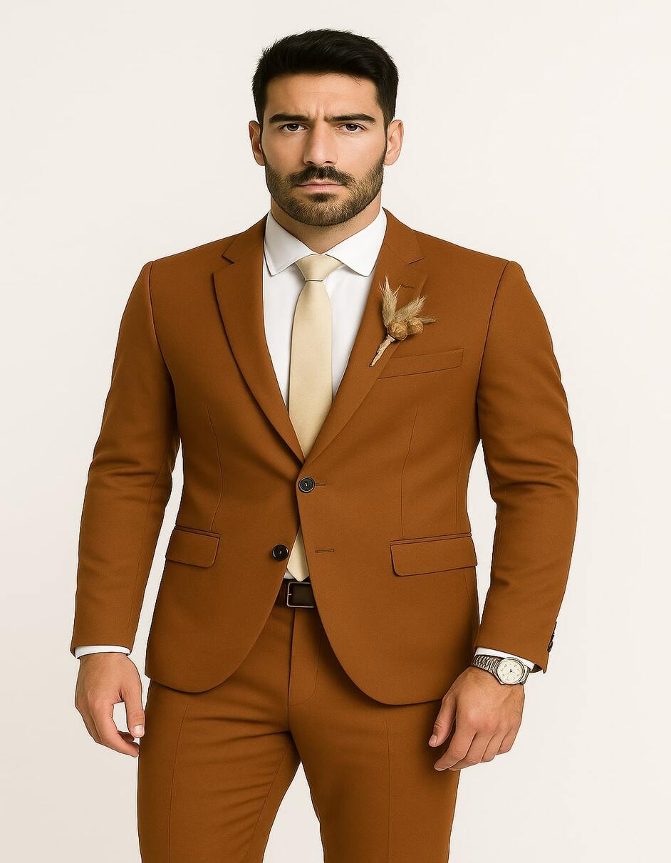 Rust Brown Slim Fit Groom Suit for Fall