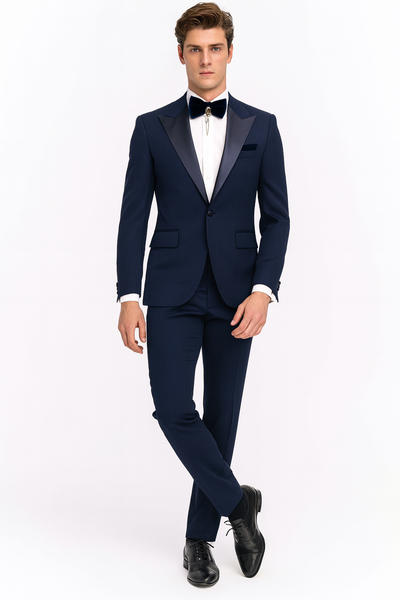 Men’s Navy Blue Tuxedo with Satin Peak Lapel With Matching Color Lapel Sateen – Formal 2 Piece Suits