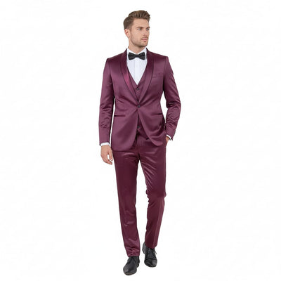 Burgundy Slim Fit Sateen Tuxedo with Shawl Lapel