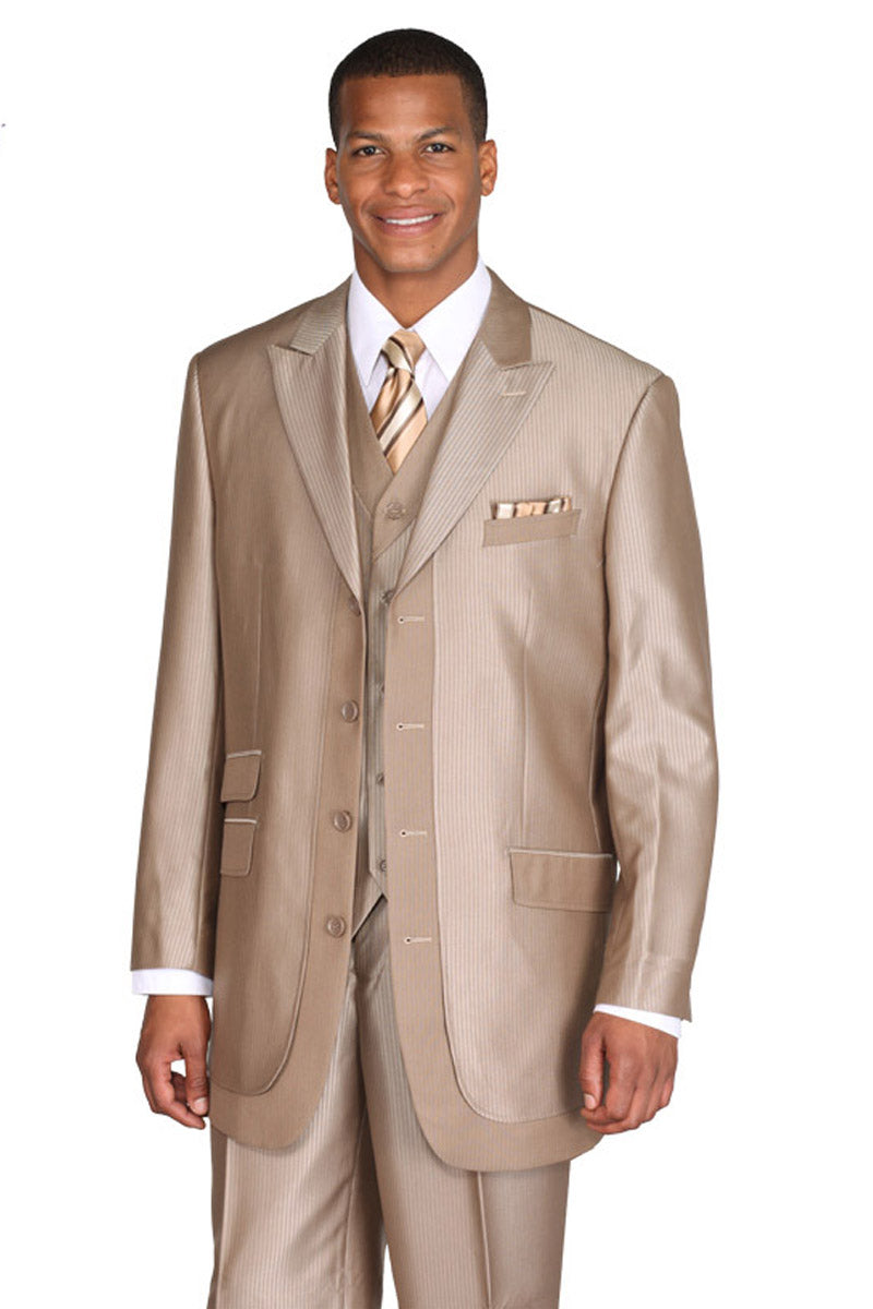 Tan Sharkskin Peak Lapel 3-Piece Suit