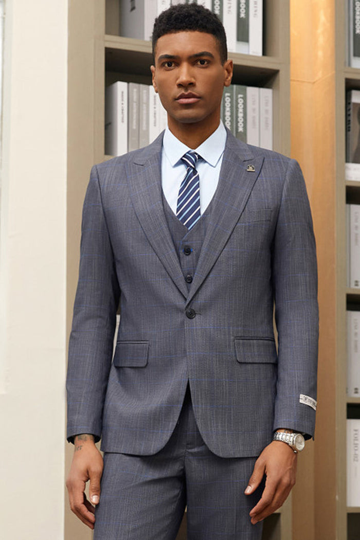 Stacy Adams Grey & Blue Windowpane Suit