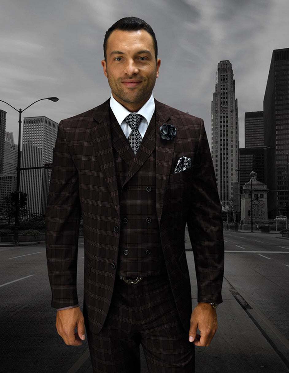 Brown Plaid 2 Button Double Breasted Vest Suit