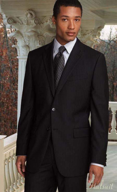 2 Button Pleated Pants Side Vents Conservative Pinstripe Color Black Men's Suit mensusa